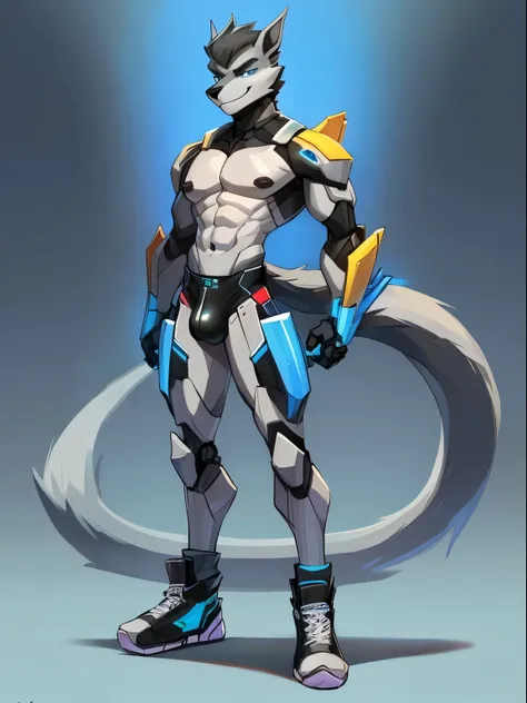 ((full body)),Male, robot Gray wolf, BLUE LCD eyes, long tail, big nipples, slim, sly, simple background,, smirk, bulge，((sneakers))，mecha body