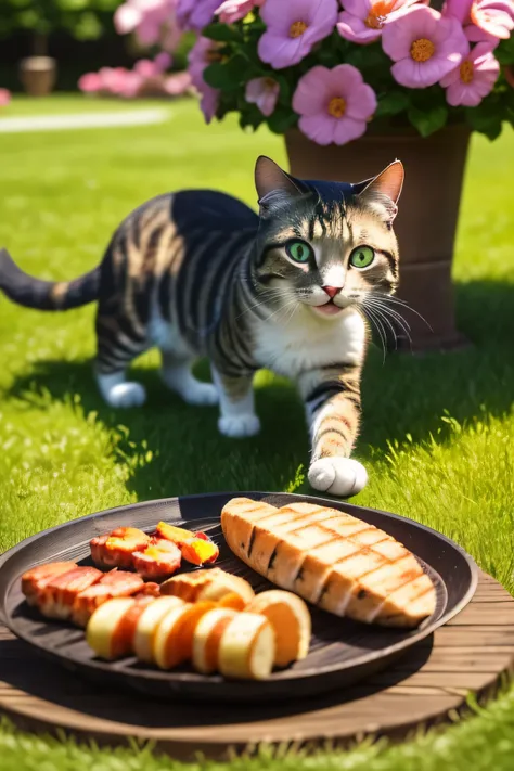 "(best quality, ultra-detailed, highres, 4k), a playful cat at a lively BBQ setup in a vibrant spring garden, bustling activity, birds and insects gracefully soaring through the air, beautiful flowers blooming on the lush green grass"