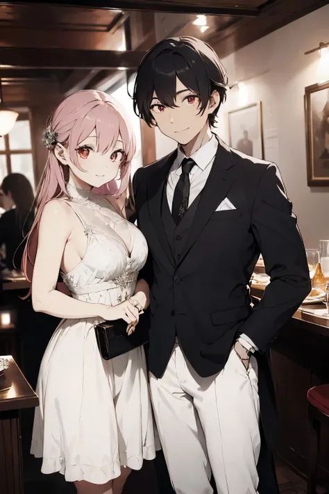 A beautiful couple enjoys a romantic dinner in a luxurious restaurant. The woman has long pink hair with bangs and eyes of the same shade., looks stunning in an elegant dress, radiating grace and charm. Seu parceiro, with messy black hair and red eyes, is ...