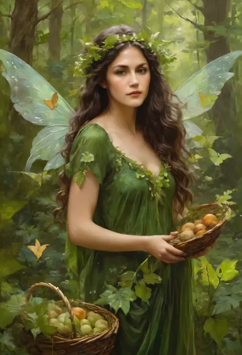 elegant and serene fairy dryad with long wavy earthen-brown hair, leaf-green floral gown, mystical fauna wings, helping the anim...