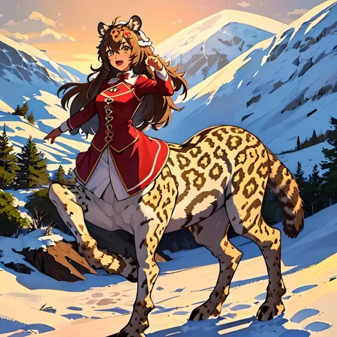 ((1girl)), long hair, brown skin, ((snow leopard taur)), ((taur)), open mouth, feminine clothing, best quality, high quality, hi...