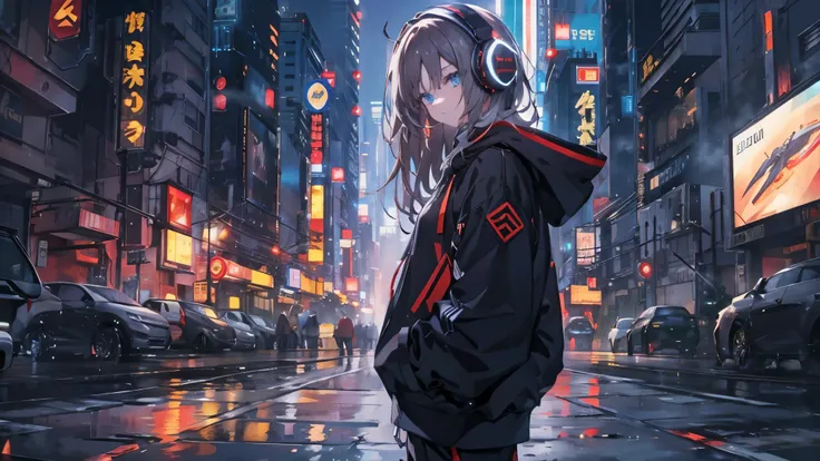 golden eyes、cyberpunk city、medium long hair、wearing cool headphones,{{{{{{{{ black hoodie oversized }}}}}}}},beautiful and delic...