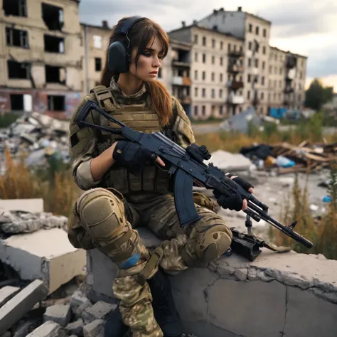 masterpiece, a 30-year-old russian female spetsnaz fsb alpha group member. seated on rubble in an east european urban landscape,...