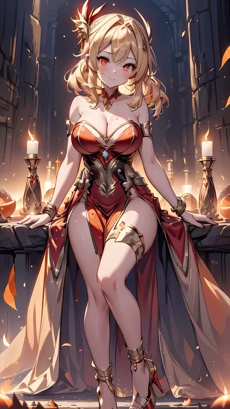 (masterpiece), best quality, expressive eyes, perfect face,1girl,kleedef,collarbone, bracelet, high heels,blonde hair,cleavage,(red and gold strapless idol long dress:1.3),(bare shoulders),big breasts,cityscape,nightlights,dynamic angle,smiles,standing,hea...