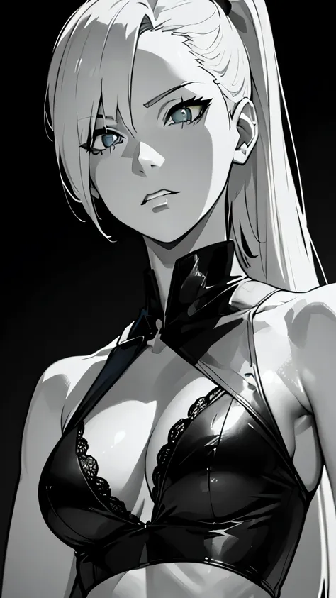 (best quality, anime style, highly detailed), Ino Yamanaka with seductive expression, wearing a two-piece outfit consisting of a bra and panty. The artwork should be in an anime style, with smooth lighting emphasizing the intricate details of her appearanc...