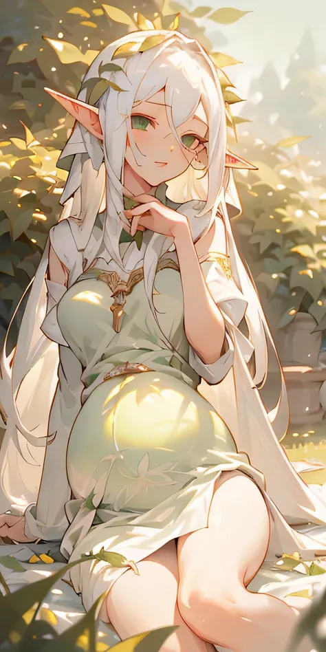 (masterpiece, best quality),1girl with long white hair sitting in a field of green plants and flowers, her hand under her chin, warm lighting, white dress, blurry foreground, elf, pregnancy 