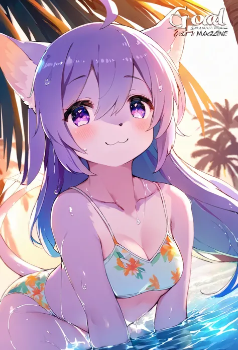 cover page, Hawaiis tourist magazine, highres, top quality, best quality, paid reward available, unparalleled masterpiece, perfect artwork, absurdres(angelic handsome 1girl, furry, kemono, happy)perfect anatomy, best pose as a subject, Wet skin, water drop...