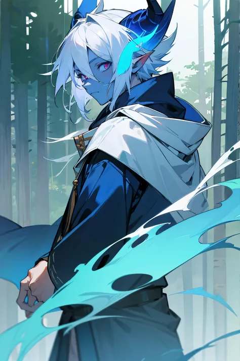 1 male, blue skin, tai, mage clothes, hoodie, forest background,white hair, horns