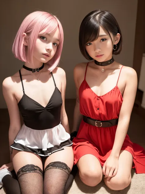 two 18 year old tween girls, two close friends, sitting or kneeling, showing legs, teen models, colored hair, colored short dres...