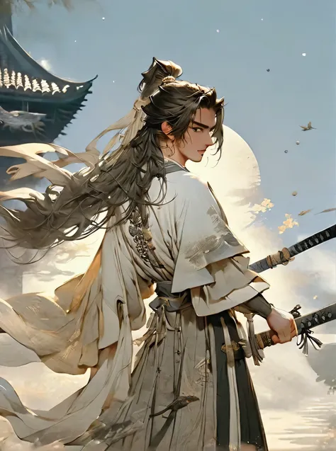 masterpiece, best quality, 1 male, aldult, Very nice face，young, tall, Antique theme,Immortal style bone，Ancient style service, Carry a sword, Sunlight, street, long hair fluttering, Sunlight, Background ancient style, breeze blows, The robe is wide, Fanta...