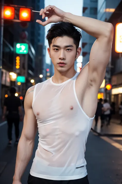 Japanese man, big muscles, pale skin, handsome, good facial details, pierced ears, tattoos, on the street at night, nude, see-through black shirt, tight-fitting, sleeveless, extremely sexy, shirt soaked, sweating profusely. , lights from various stores, ph...