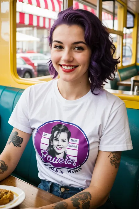 Street photography: photo of a young woman with purple hair, smile, happy, cute t shirt, tattoos on her arms, Sitting in a 50&#39;s diner