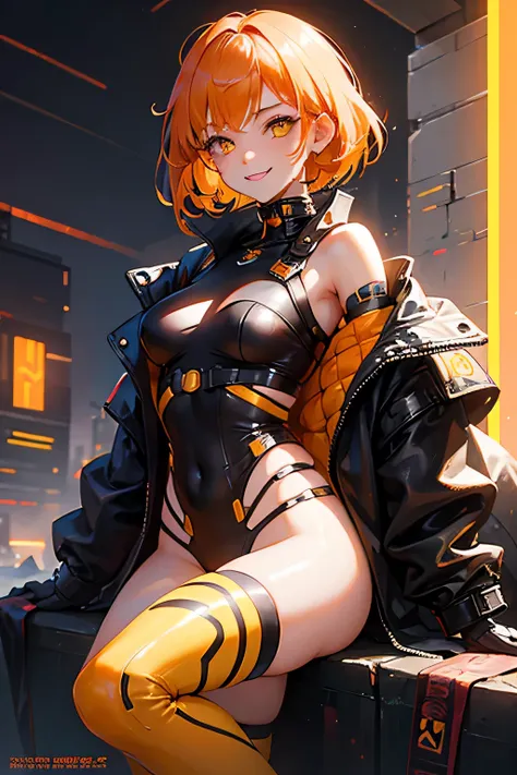 girl in cyberpunk costume、1 person、orange brown hair、yellow eyes、short hair、luster、glosischievous smile、lively look、beautiful、Honey Core、Hozuki scattered background、bold pose、action