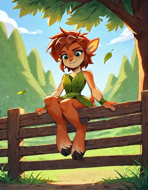 score_9, score_8_up, score_7_up, score_6_up, from below, farm, barn, outdoors, wheat field, sitting on a fence BREAK solo, 1girl, elora, faun (spyro), red hair, mammal, anthro, deer, green eyes, leaf dress, hooves