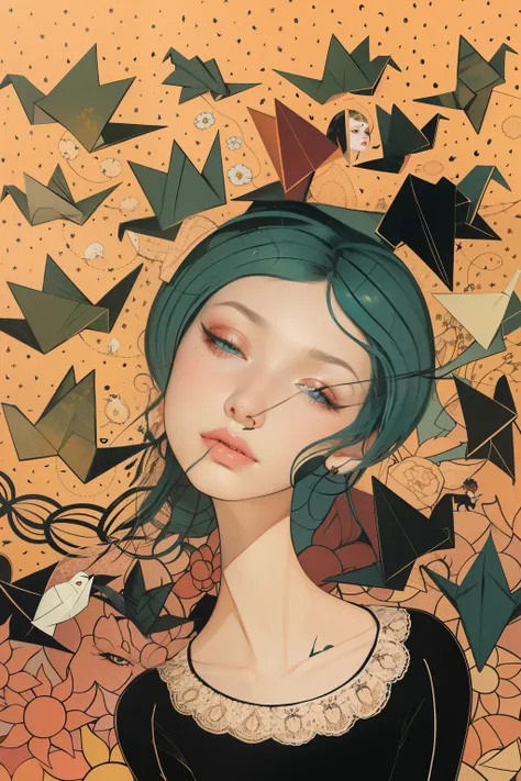 there is a painting of a woman with origami birds in her hair, by Maryam Hashemi, there are birds on her head, by Zsuzsa Máthé, whimsical art, by Ruth Jên, whimsical portrait, inspired by Bettina Heinen-Ayech, by Amédée Ozenfant, by Margit Anna