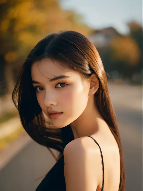 Beautiful woman in return., She is a teenage girl from Eastern Europe.., She has long hair that flutters in the wind., She has mesmerizing fine eyes and catchlights., She has double eyelids and wears eyeliner., She is wearing an off-the-shoulder knit dress...