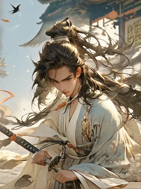 masterpiece, best quality, 1 male, aldult, Very nice face，Vibrant，Fresh clothes，High-spirited，Boy Lang，young, tall, Antique theme,Immortal style bone，Ancient style service, Carry a sword, Sunlight, street, long hair fluttering, Sunlight, Background ancient...