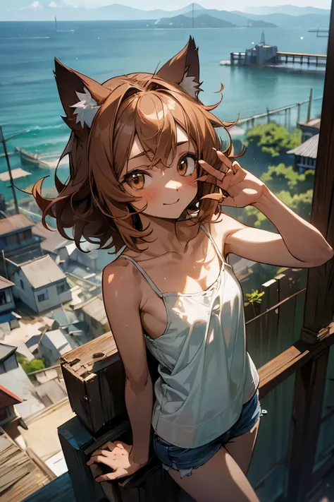 ((Masterpiece)), ((best quality)), (Anime:1.5), (RAW photo:1.2),(High Definition:1.3), (Professional Photography:1.2), ((12 years old)), wide shot, (evening), Very messy medium hair, (slightly exposed breast), Beautiful small breasts, (Tattered camisole to...