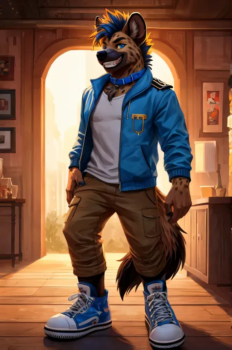 A hyena with a scruffy fringe and beautiful blue eyes, dressed in a yellow leather jacket with a blue collar, stands confidently. He has an average build and a big grin on his face, showcasing his warm and friendly personality. The lighting in the scene is...