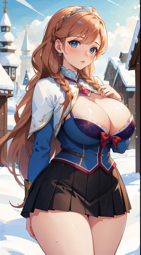 woman, ((Masterpiece, best quality)), full body view, sexy, bursting huge breasts, detailed skin, Anna from Frozen clothes, highly detailed, cinematic lighting, ultra realistic, blush, looking at viewer,  anna, anna from frozen, princess, disney, brown hai...