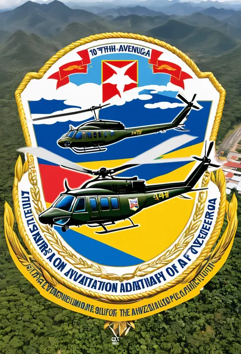 Logo of the Bolivarian aviation military academy of Venezuela that says 104th anniversary, with a suhkoi leaving along with a cougar helicopter 