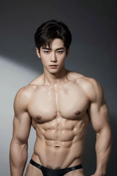 Create realistic images, High resolution photo with a handsome Korean guy, Heterochromatic blue colour eyes, He was shirtless..,show his full abs, wearing only black micro thong nice skin,Open it up...,short light brown hair.,strong