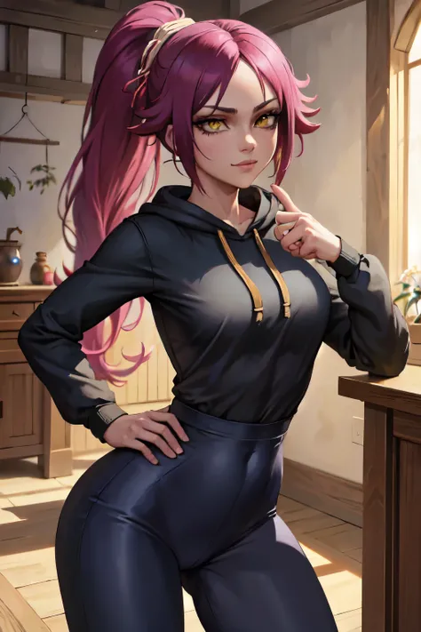 (masterpiece, best quality:1.2), solo, 1girl, shihouin yoruichi, smirk, looking at the viewer, hands on hips, ponytail, long sleeves, black pants, masterpiece, realistic eyes, best quality, closed mouth, beautiful lighting, cinematic, 8k, facial, wet face,...