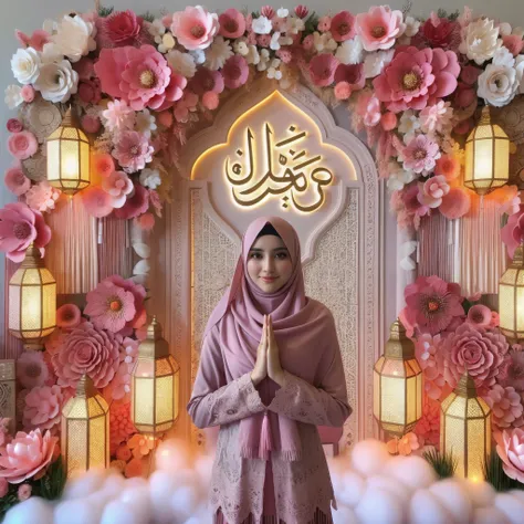 muslim woman holding a sign with arabic writing in front of a floral wall, inspired by Fathi Hassan, inspired by Maryam Hashemi, caligraphy, inspired by Nazmi Ziya Güran, ameera al taweel, inspired by JoWOnder, inspired by Naza, tanned ameera al taweel, in...