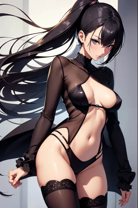 a sexy woman, (best quality), (masterpiece), (1girl), slim, anime, tall, (front view ), (flat chested), (see through clothes), (pubic hair), (protrait)
