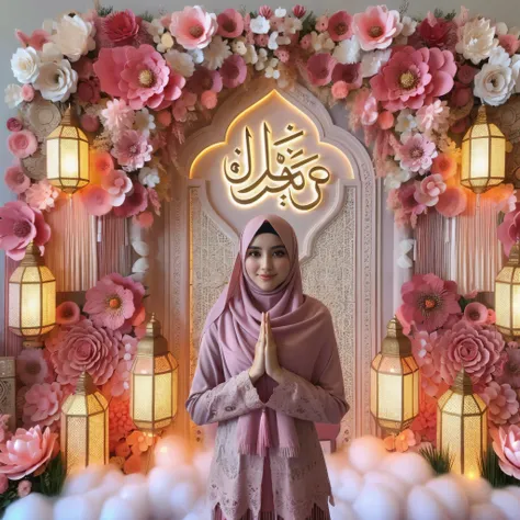 muslim woman holding a sign with arabic writing in front of a floral wall, inspired by Fathi Hassan, inspired by Maryam Hashemi, caligraphy, inspired by Nazmi Ziya Güran, ameera al taweel, inspired by JoWOnder, inspired by Naza, tanned ameera al taweel, in...