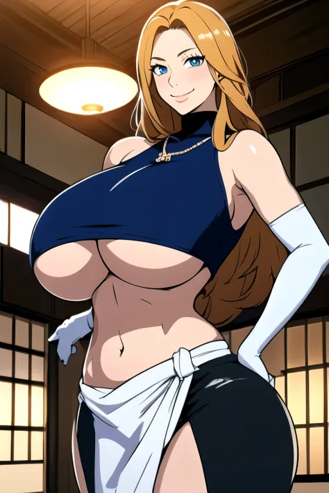 masterpiece, best quality, matsumoto rangiku, beautiful lighting, long hair, turtleneck, crop top, pencil skirt, (underboob : 1.4), necklace, gigantic breasts, standing, looking at viewer, blue eyes, smile, japanese architecture, cowboy shot, shiny skin, g...