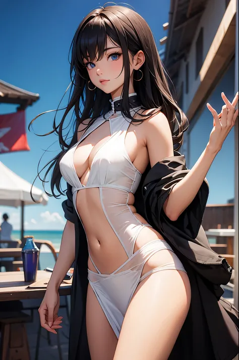 a sexy woman, (best quality), (masterpiece), (1girl), slim, anime, tall, (front view ), (flat chested), (see through clothes), (pubic hair), (protrait)
