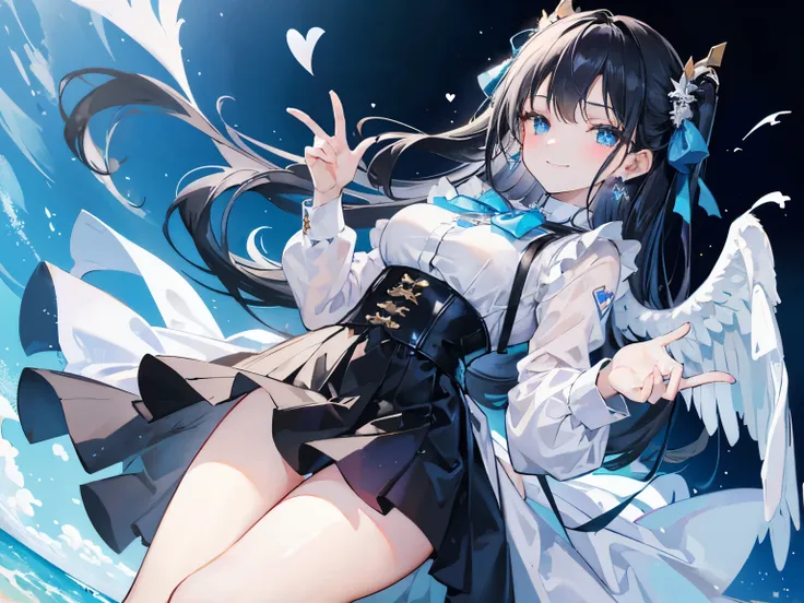 Angel 4K  Girl with black hair, 17 years old, medium bust.  Light blue eyes, long hair, left bow tied.  Show off your thighs, wear earrings, put your hands together in a heart shape. With a smile on your face.