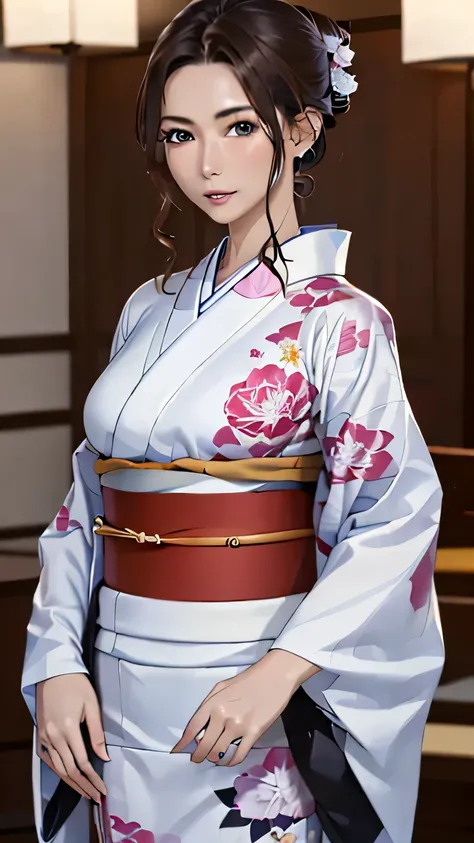 ((highest quality, 8K, masterpiece: 1.3)), sharp focus: 1.2, beautiful woman with perfect figure: 1.4, (kimono), Highly detailed face and skin texture, fine eyes, (lips), dark brown hair, cowboy shot,Red kimono