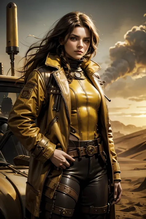 little brown steam punk woman, straight hair, style just like in DUNE movies, wearing a yellow jacket "mad max" style. 