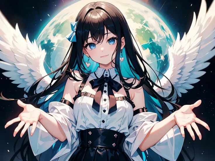 Angel 4K  Girl with black hair, 17 years old, medium bust.  Light blue eyes, long hair, left bow tied.  Show off your thighs, wear earrings, put your hands together in a heart shape. With a smile on your face.