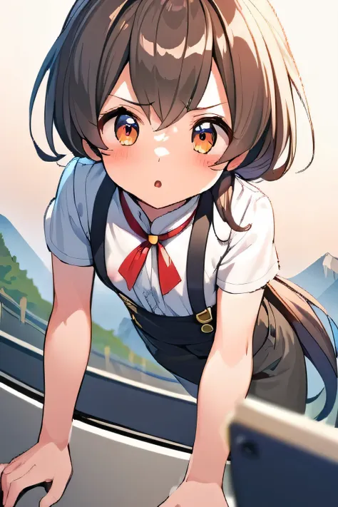 1 girl, suspenders, low ponytail, sorry, mountain, Dynamic angle,  you will endure, I see the front camera., has small nipples,