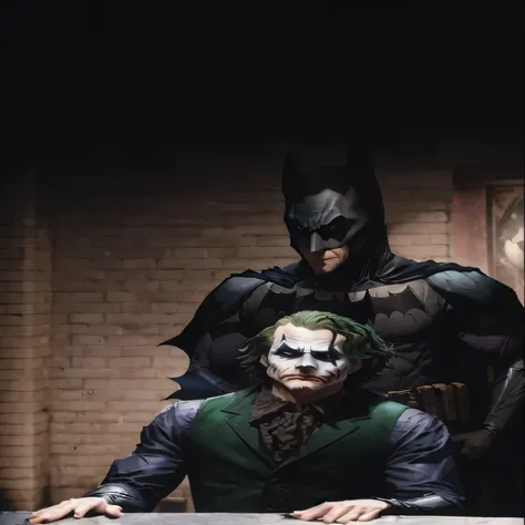 batman and joker posing for a photo in a dark room, still from the dark knight, the dark knight, dark knight, film still of batman, in batman, from movie batman, still image from batman movie, david spade as batman, the joker as batman, ryan renolds as bat...