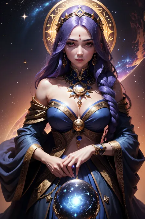 Zodiac Sorceress: A female fortune teller surrounded by the twelve zodiac signs, each represented by a constellation. Her gaze could be focused intently on a crystal ball, with galaxies and planetary systems shimmering behind her