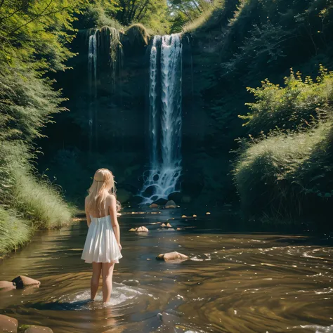 blonde woman in a dress standing in a stream of water, a picture inspired by Ren Hang, unsplash, renaissance, nature goddess, standing next to water, she is walking on a river, dreamy ethereal vibe, in nature, standing in a pond, standing in a shallow rive...