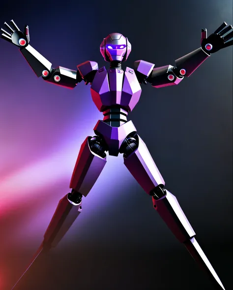 Evening background, black iron robot, doll robot, high performance, high quality, armed, sharp armed, thick armor, eyes purple, glowing purple, sharp eyes, rogue robot, sky in background,