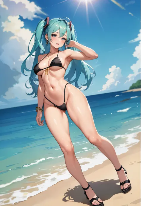 (((1 girl))), hatsune miku, high details, rear view muscular, abs, DD breast, big breasts, huge breast, thin waist, curvy, big ass, high heels, eye flare, extended eyes, big eyes, looking at viewer, tiny bikini, small thong bottom,high waist, golden stocki...