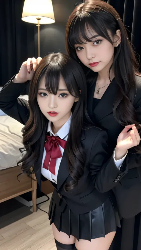 tra-detailed、2girls、Japanese、attractive beauty、seductive adult woman、pretty woman、piercing eyes、cool girl、wavy hair、swept bangs、suit、Jacket、blouse、ribbon、Tight Skirt、pantyhose、beautiful feet、Evil cadres、evil depravity、brainwash、mind control、lipstick、lip gl...