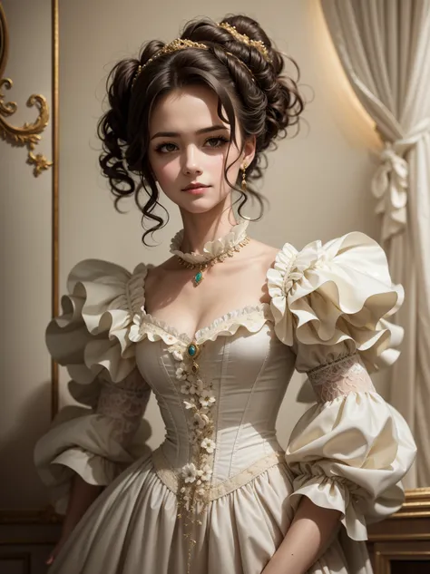 Very beautiful girl, European look (European look), (dark) beautiful thick curly hair (brunette), looks at us with a seductive look (sad look, sad smile), Rococo portrait, Victorian costume, Victorian sad girl

