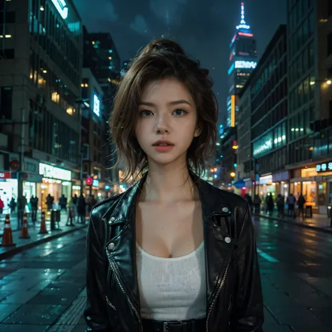 Future city at night[cyber punk、neon light]Young beautiful woman in(1 girl)The highest quality of、(High resolution realistic cowboy shots)、Wearing a sleek black leather jacket、Has a high tech laser gun、 The cityscape is dominated by towering skyscrapers、ho...