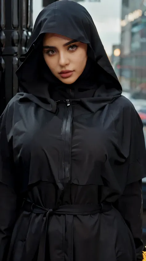 A beautiful girl wearing black hijab in rainy day, full body, with abaya, full detail, realistic, beautiful eye
