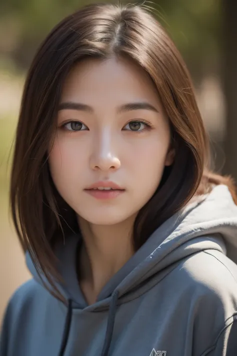 (In 8K、RAW photo、highest quality、masterpiece:1.2)、30 years old、(Japanese)、1 woman、detailed face、detailed eye、detailed mouth、mountain climbing、wearing a hoodie、Daytime on a sunny day、campfire