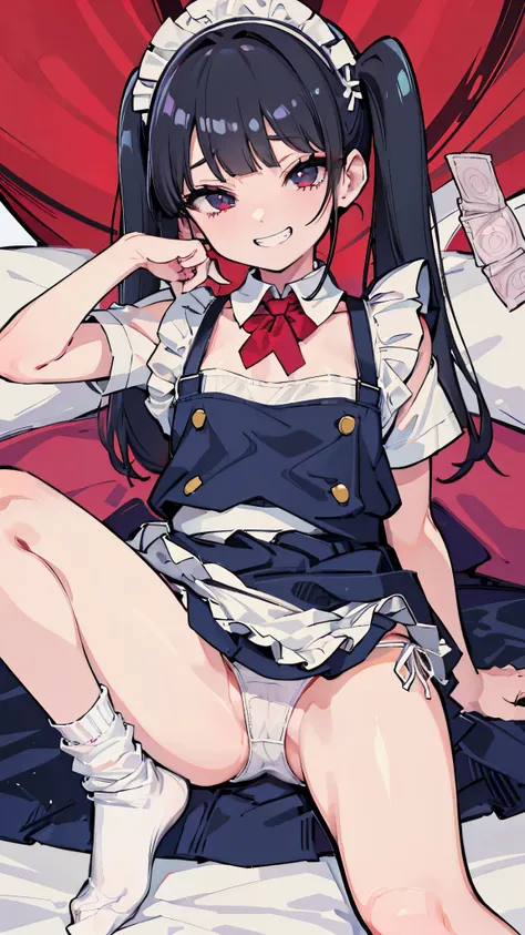 (8K、Highest image quality、highest quality、masterpiece)、detailed face、 1 girl、black hair、twintails、blunt bangs、gray eyes、evil smile、((grin))、small breasts、white brim、((maid))、short sleeve、apron、((miniskirt))、white socks、on the bed、knees up、open legs、((white...