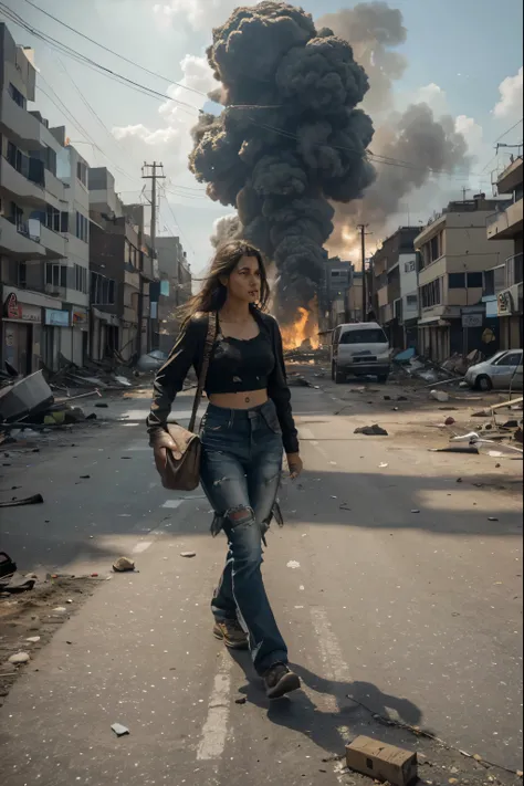 (Best quality, 8k, 32k, Masterpiece, UHD:1.2) Portray a street lined with buildings that have been ravaged by destruction, with some reduced to smoldering ruins and others crumbling under the weight of the devastation. Show flames licking at the remnants o...