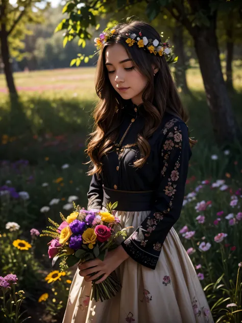 a girl in a flower field with vibrant colors, wearing a flowing dress, surrounded by a gentle breeze. the girl has bright, spark...